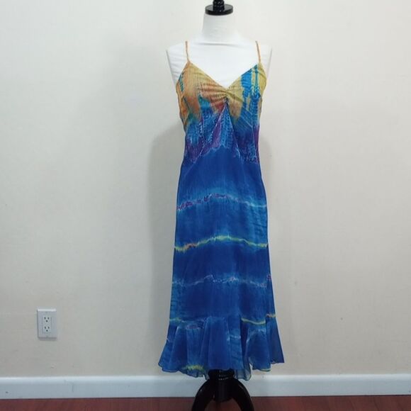 NEW! Betsy Johnson Rainbow Water Blue Tie Dye Hi Low Hem Ruffle Dress - 10 $119 - Picture 4 of 12